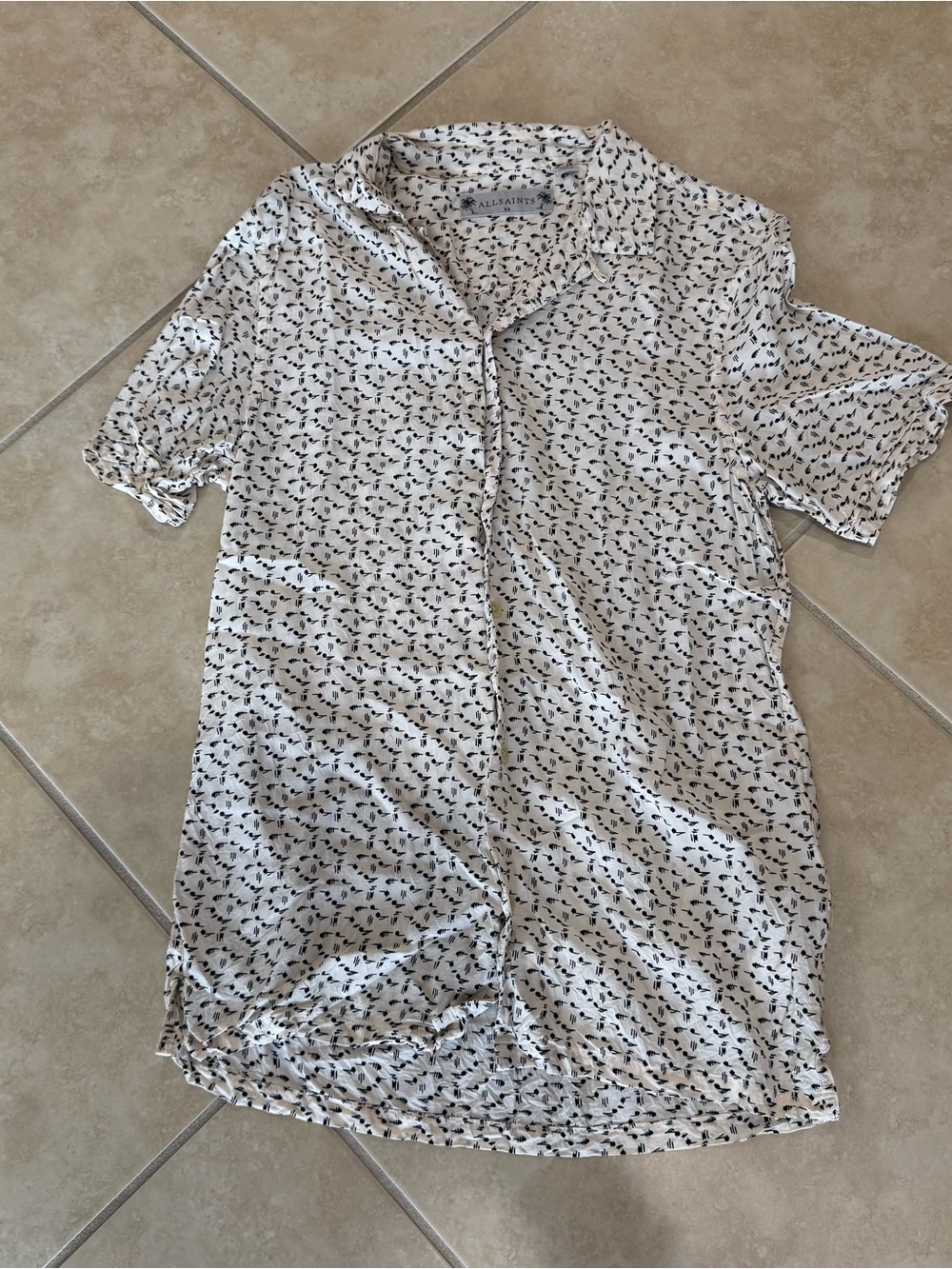 All Saints White Short-Sleeve Button-Down Shirt with Black Print